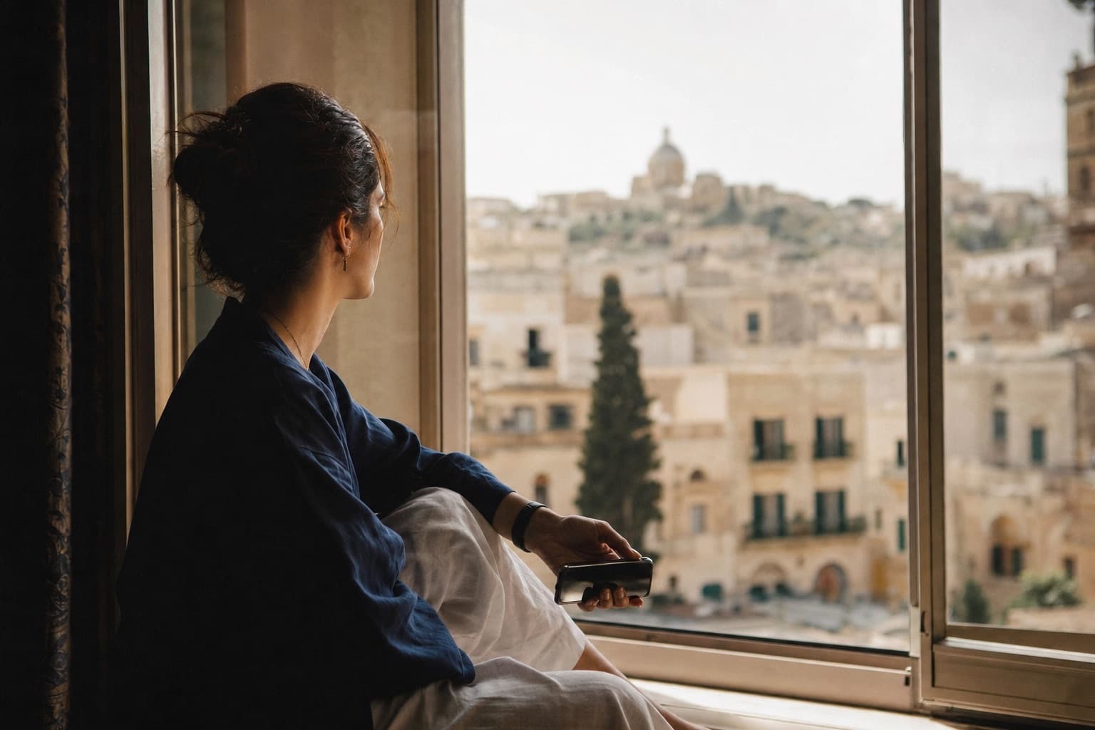 A person by a window in morning light, reflecting with phone in hand