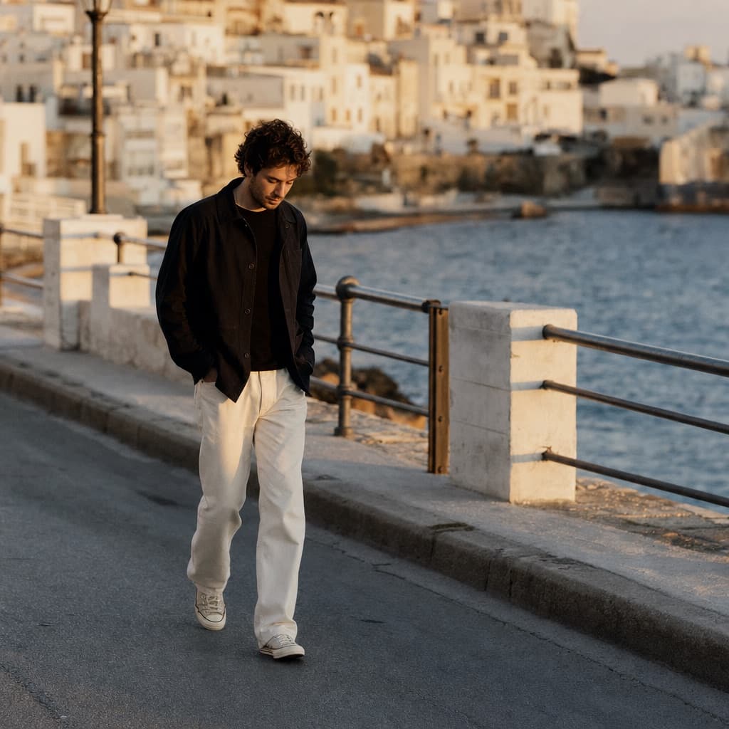 A person walking a seafront promenade at golden hour, in thought