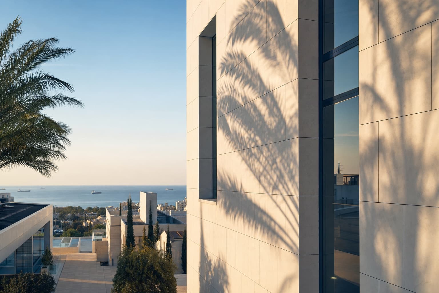 Sunlit Mediterranean architecture with deep blue sea horizon