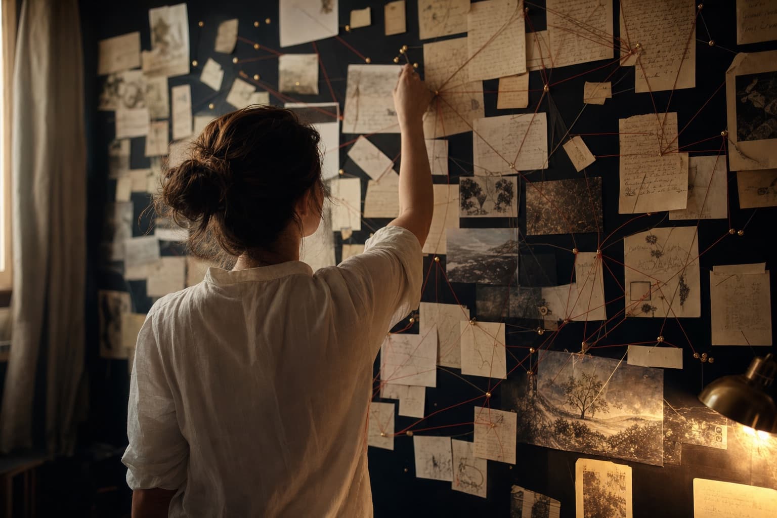 A researcher arranging a wall of connected handwritten notes into constellations