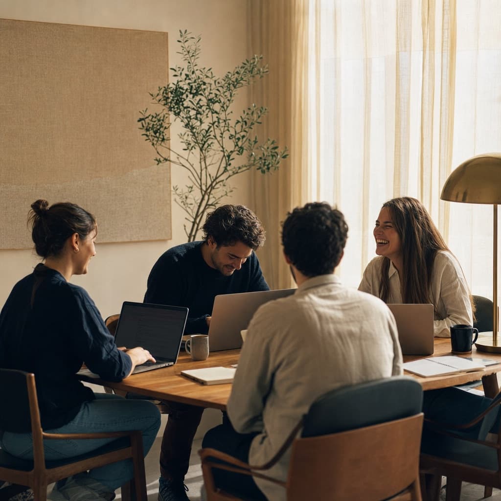 The team working together around a table in a bright office